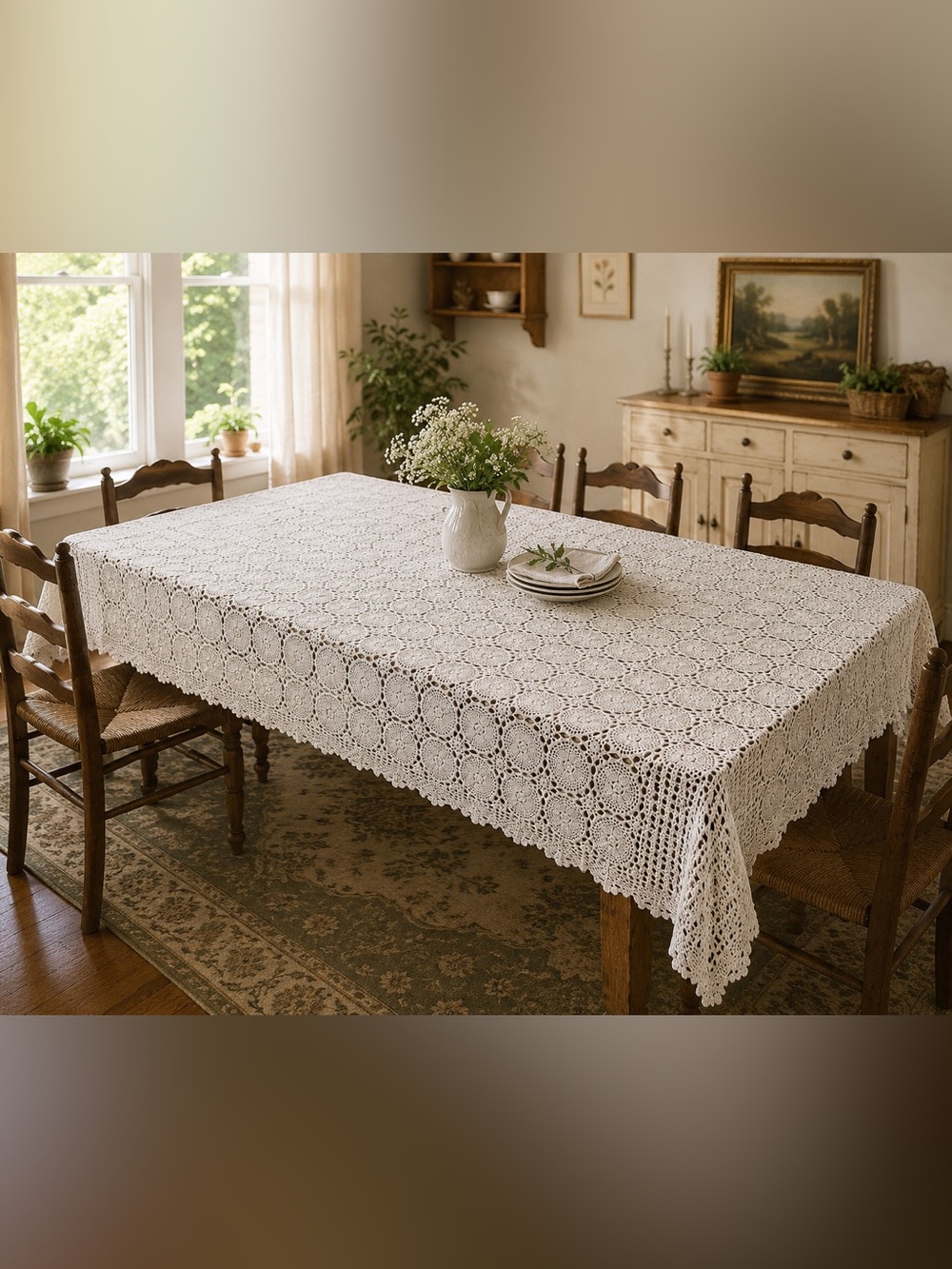 Classic White Crochet Tablecloth - Elegant Home Dining (98x60)